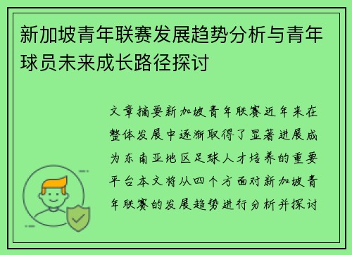 新加坡青年联赛发展趋势分析与青年球员未来成长路径探讨